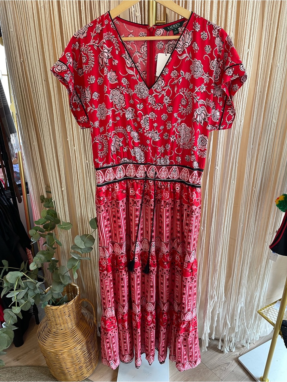 Ralph Lauren Red Floral Paisley Cotton-Satin Tiered Maxi Dress short sleeve